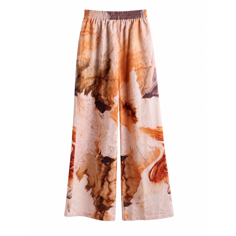 Micas Women's XS Abstract Marble Print Wide Leg Pants Brown Orange Y2K